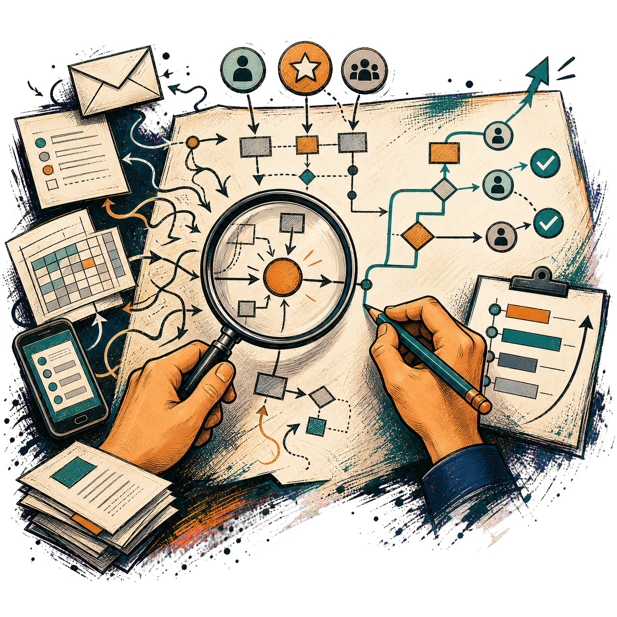 A hand-drawn business analysis workbench showing a tangled current workflow being examined and reorganized into a clearer process.