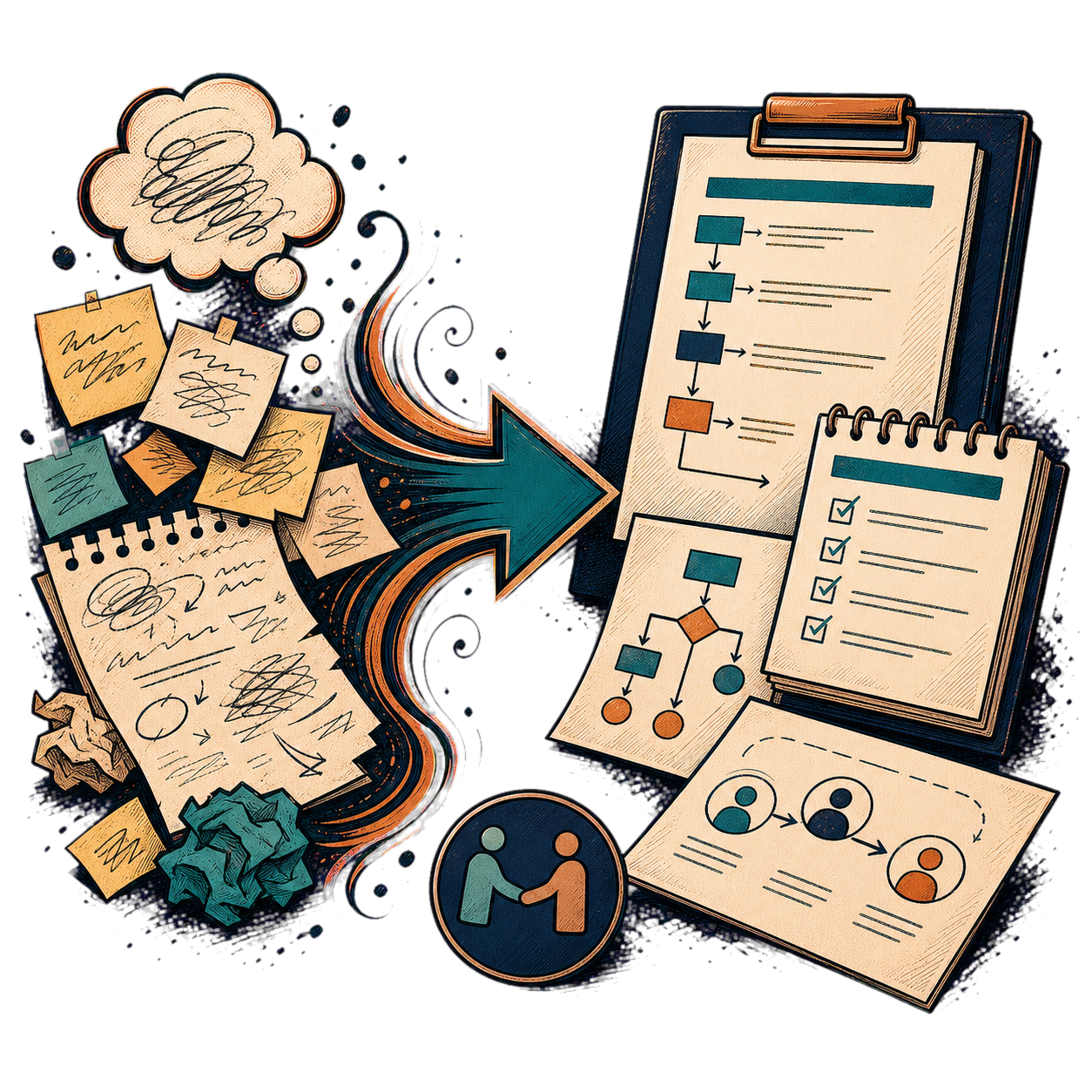 A hand-drawn process documentation scene showing scattered working knowledge becoming a clear procedure, checklist, decision guide, and ownership map.