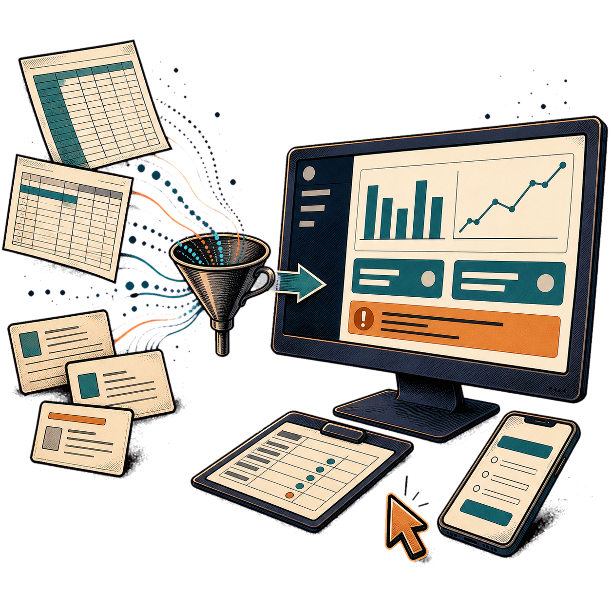A hand-drawn reporting and internal tools scene showing scattered spreadsheets and records becoming a clear operational dashboard, tracker, and action view.