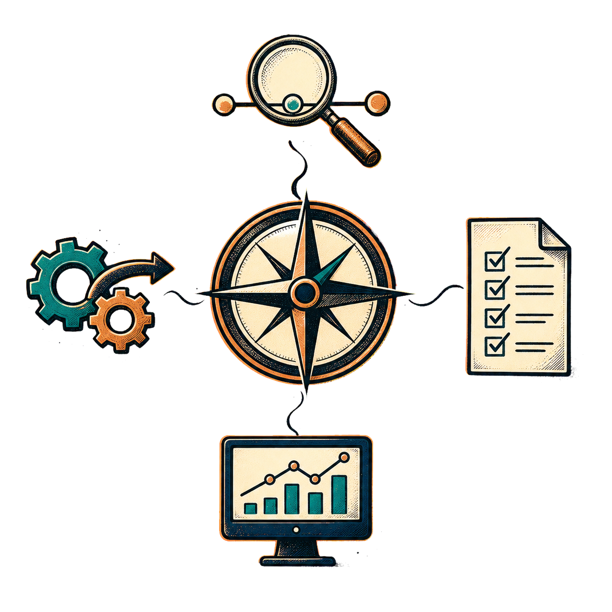 A hand-drawn workflow compass connecting business analysis, automation, documentation, and reporting.