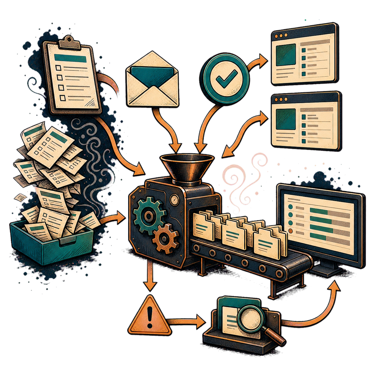 A hand-drawn workflow automation scene showing forms, email, approvals, and business systems connected through a clear, monitored flow.